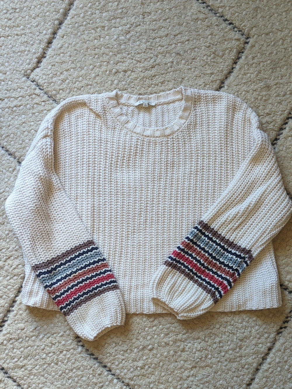 Z Supply Cream Crewneck Sweater with Striped Cuffs